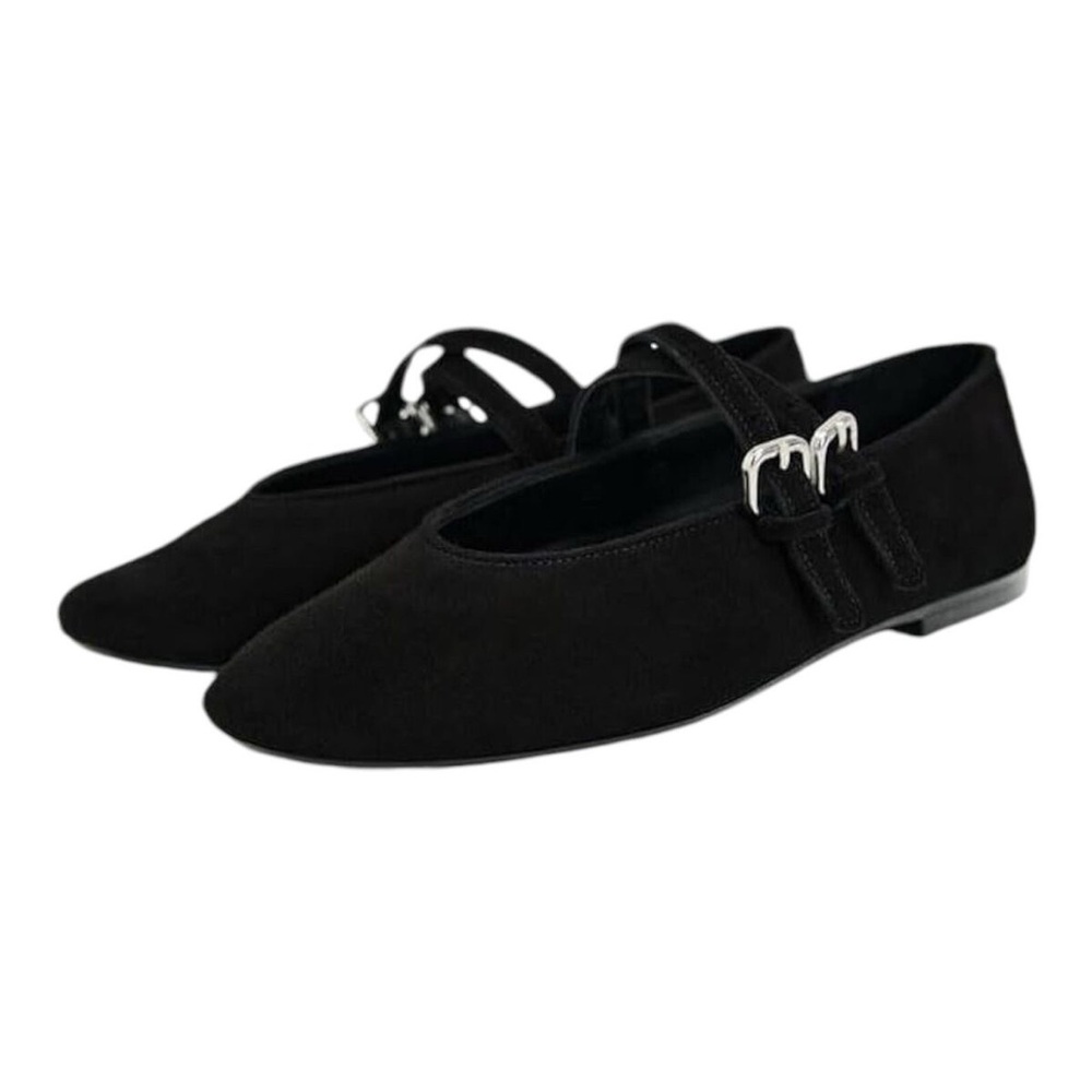 Women Ballet Flats Sz 6 Black Suede Round Toe Double Strap Mary Janes Comfy NEW